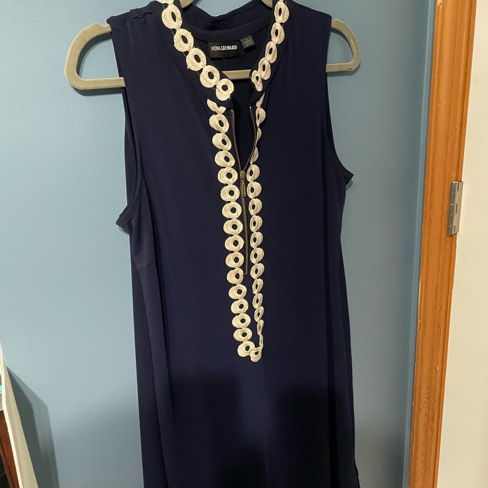 Navy Sleeveless Dress with White Trim